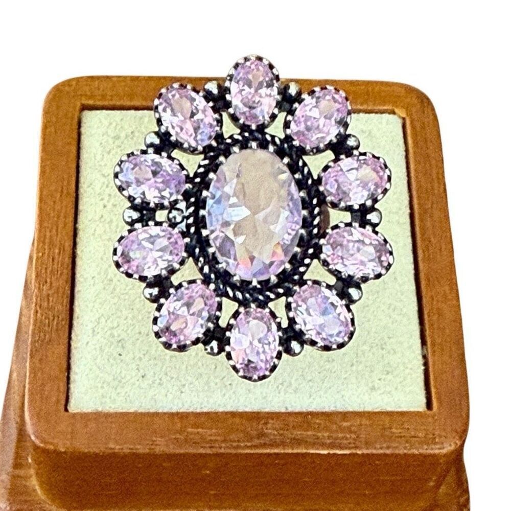 Stunning Pink Topaz Cluster Floral Boho Silver Statement Ring Size 7 New